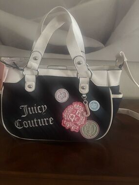 Juicy Couture Black and White Shoulder Bag with Colorful Patch Accents
